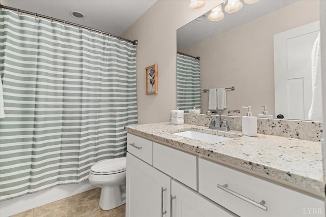 full bath with vanity, tile patterned flooring, toilet, and a shower with shower curtain