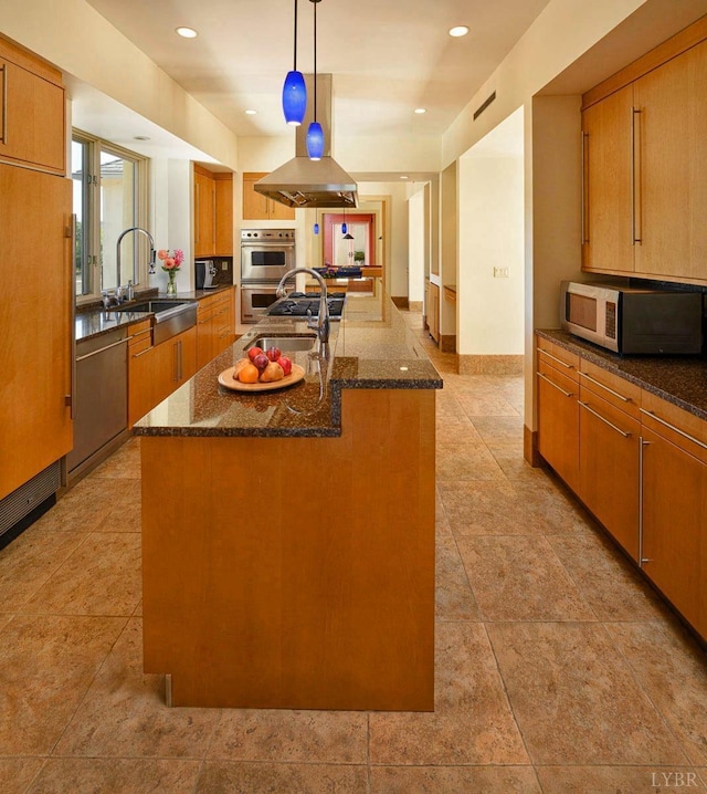 1209 Sycamore Creek Dr, Goode, VA 24556 - kitchen featuring dark stone countertops, brown cabinetry, a sink, and white microwave