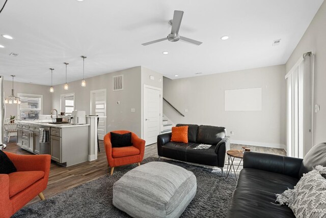 21 Zags Ln, Lynchburg, VA 24502 - living area featuring dark wood finished floors, stairs, a ceiling fan, recessed lighting, and baseboards