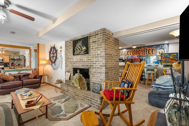106 Catlett Ct, Moneta, VA 24121 - carpeted living room with ceiling fan and a fireplace