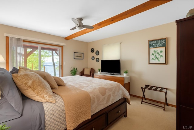 106 Catlett Ct, Moneta, VA 24121 - bedroom featuring access to exterior, light colored carpet, beam ceiling, and a ceiling fan