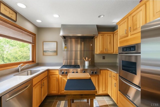 106 Catlett Ct, Moneta, VA 24121 - kitchen featuring stainless steel appliances, range hood, a warming drawer, tile patterned flooring, and recessed lighting