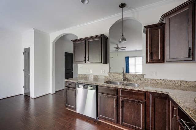 1057 Casley Way, Forest, VA 24551 - kitchen with stainless steel dishwasher, arched walkways, dark brown cabinets, light stone counters, and crown molding