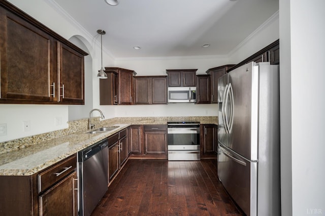 1057 Casley Way, Forest, VA 24551 - kitchen with stainless steel appliances, dark wood-style floors, dark brown cabinetry, light stone countertops, and ornamental molding