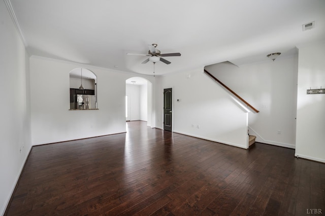 1057 Casley Way, Forest, VA 24551 - unfurnished living room featuring ceiling fan, hardwood / wood-style flooring, crown molding, stairway, and arched walkways