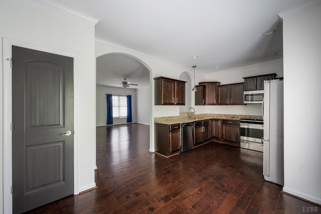 1057 Casley Way, Forest, VA 24551 - kitchen with stainless steel appliances, dark brown cabinetry, a ceiling fan, dark wood-style floors, and crown molding