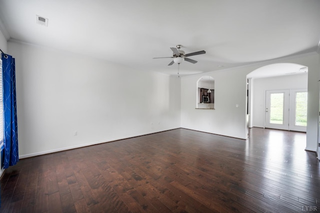 1057 Casley Way, Forest, VA 24551 - empty room featuring arched walkways, a ceiling fan, crown molding, and hardwood / wood-style flooring