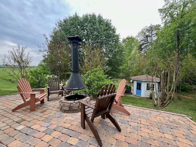 216 Burford Farm Rd, Monroe, VA 24574 - view of patio with an outdoor fire pit and an outdoor structure
