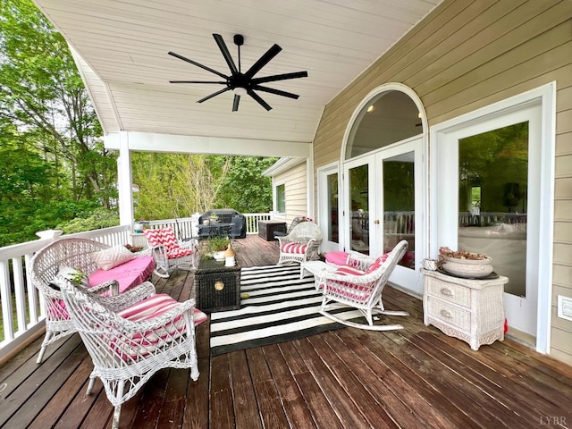 216 Burford Farm Rd, Monroe, VA 24574 - deck with an outdoor living space, a ceiling fan, and french doors