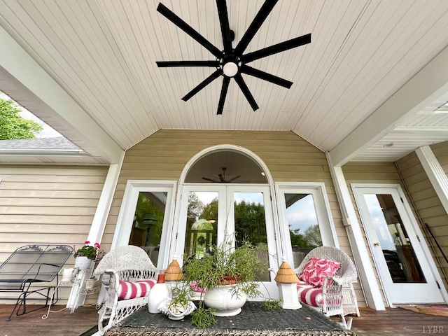 216 Burford Farm Rd, Monroe, VA 24574 - sunroom featuring a ceiling fan, wood walls, healthy amount of natural light, lofted ceiling, and wooden ceiling