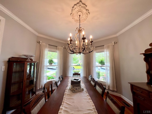 216 Burford Farm Rd, Monroe, VA 24574 - dining area featuring a chandelier, ornamental molding, and wood finished floors