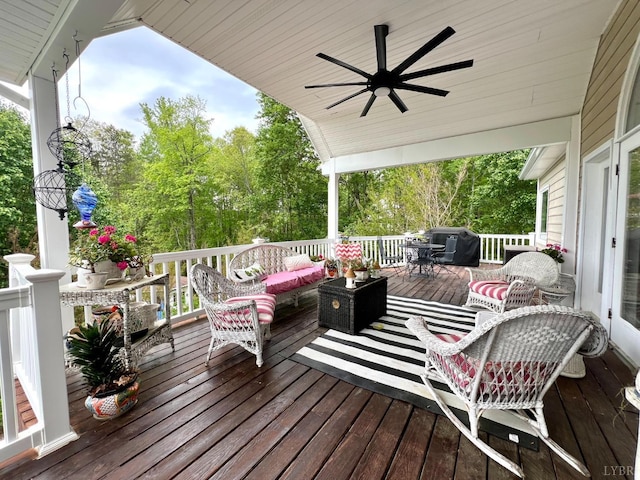 216 Burford Farm Rd, Monroe, VA 24574 - deck featuring an outdoor hangout area, grilling area, a ceiling fan, and view of wooded area