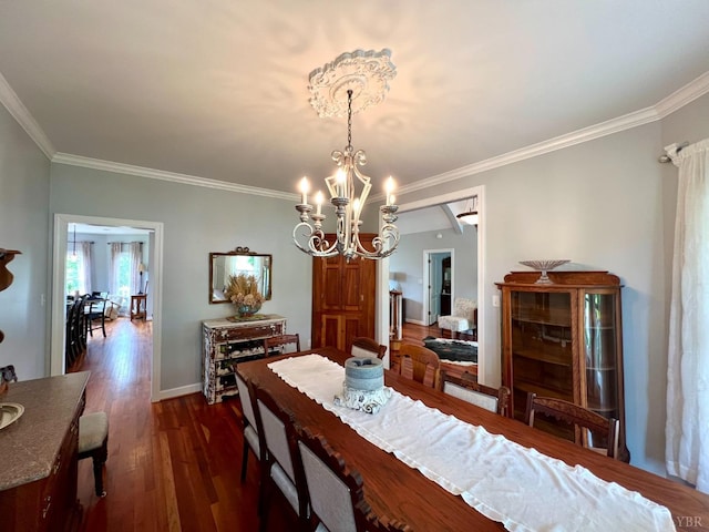 216 Burford Farm Rd, Monroe, VA 24574 - dining area with a chandelier, ornamental molding, and dark wood-style floors