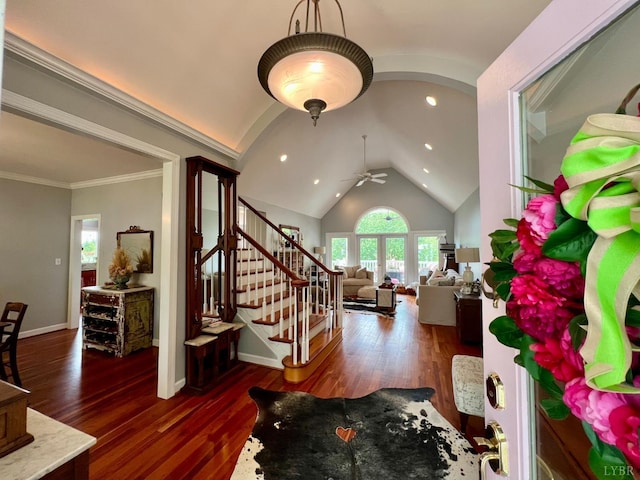 216 Burford Farm Rd, Monroe, VA 24574 - foyer featuring ceiling fan, vaulted ceiling, wood finished floors, stairway, and recessed lighting
