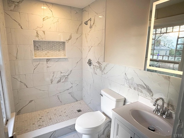 850 Rivermont Ave, Lynchburg, VA 24504 - full bathroom with vanity, tiled shower, toilet, and tile walls
