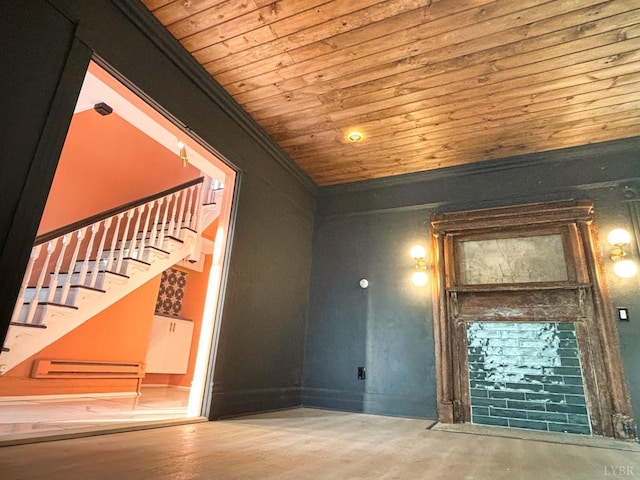 850 Rivermont Ave, Lynchburg, VA 24504 - spare room with wood ceiling, stairs, baseboard heating, and wood finished floors