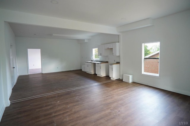 607 N St, Bedford, VA 24523 - unfurnished living room with a sink, baseboards, and dark wood-style flooring