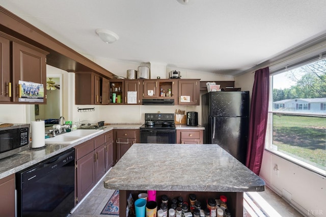 113 Carwile Rd, Rustburg, VA 24588 - kitchen with lofted ceiling, open shelves, a sink, black appliances, and extractor fan