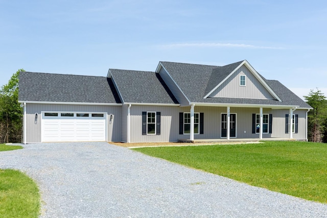 243 Pebble Rd, Rustburg, VA 24588 - modern inspired farmhouse with gravel driveway, a garage, a front lawn, and a shingled roof