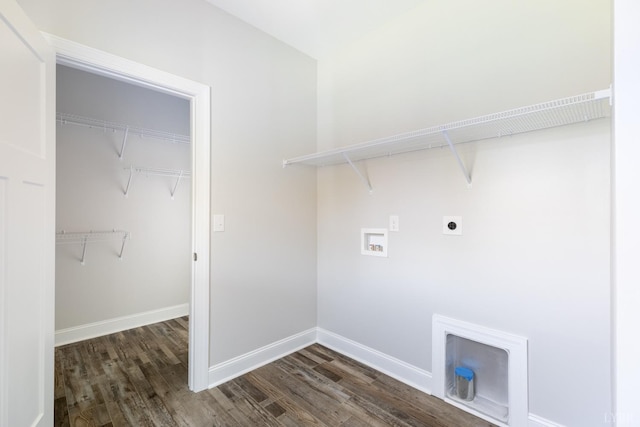 243 Pebble Rd, Rustburg, VA 24588 - laundry room with hookup for a washing machine, dark wood-style floors, electric dryer hookup, and baseboards