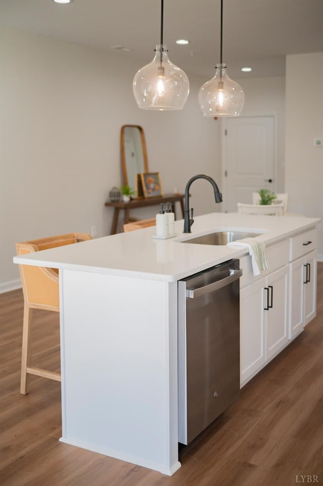 128 Brenleigh Ct Unit 108, Lynchburg, VA 24501 - kitchen featuring stainless steel dishwasher, a sink, a kitchen island with sink, wood finished floors, and recessed lighting