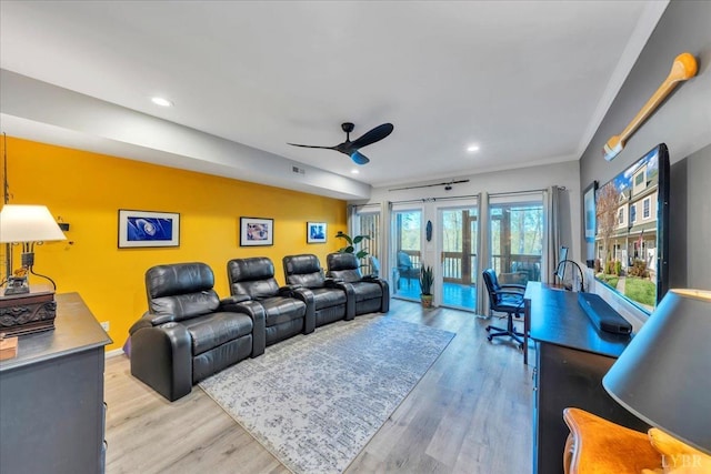 231 Mountain Cove Dr Unit 5, Hardy, VA 24101 - cinema with ceiling fan, wood finished floors, recessed lighting, and crown molding