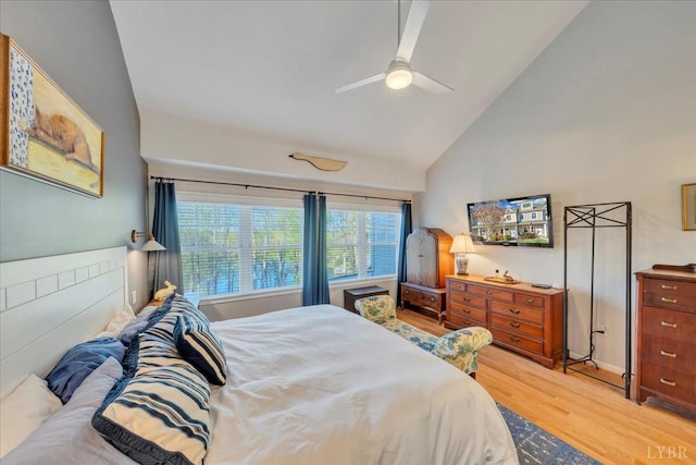 231 Mountain Cove Dr Unit 5, Hardy, VA 24101 - bedroom with light wood finished floors, high vaulted ceiling, and ceiling fan