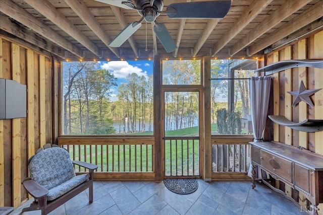 231 Mountain Cove Dr Unit 5, Hardy, VA 24101 - sunroom / solarium featuring ceiling fan, a water view, plenty of natural light, and wood ceiling