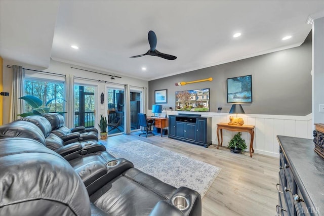 231 Mountain Cove Dr Unit 5, Hardy, VA 24101 - living room featuring a ceiling fan, a desk, light wood-style flooring, crown molding, and a wainscoted wall