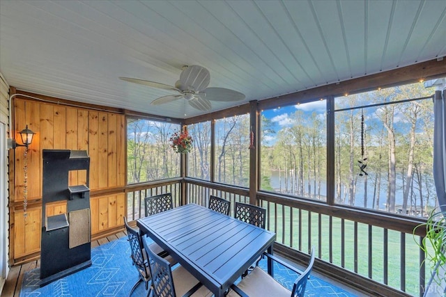 231 Mountain Cove Dr Unit 5, Hardy, VA 24101 - sunroom / solarium with a water view, a ceiling fan, view of wooded area, and outdoor dining area