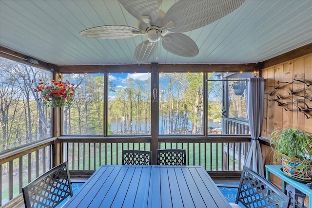 231 Mountain Cove Dr Unit 5, Hardy, VA 24101 - sunroom with a water view, ceiling fan, outdoor dining area, and view of scattered trees