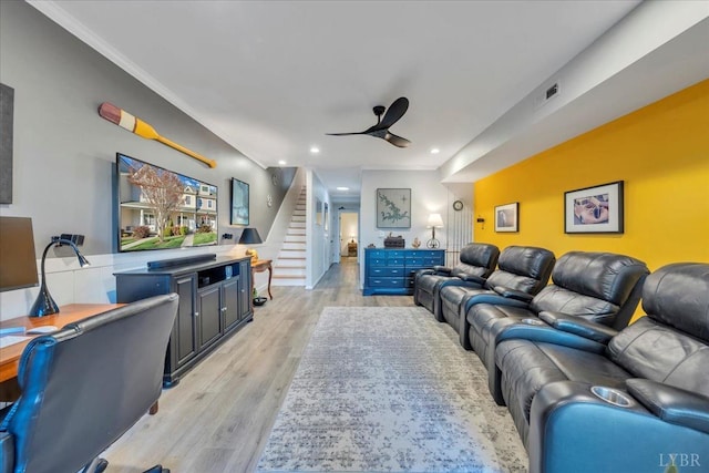 231 Mountain Cove Dr Unit 5, Hardy, VA 24101 - cinema room featuring a ceiling fan, ornamental molding, recessed lighting, and light wood finished floors