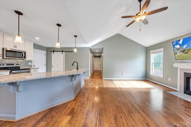 1400 Mountain Cut Rd, Appomattox, VA 24522 - kitchen with a sink, stainless steel appliances, a barn door, ceiling fan, and white cabinetry