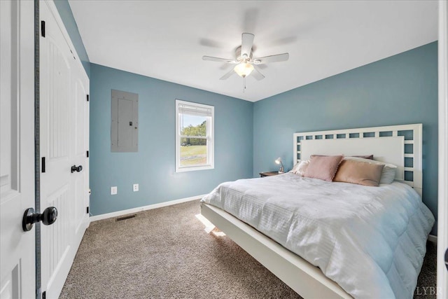 1400 Mountain Cut Rd, Appomattox, VA 24522 - bedroom featuring a ceiling fan, carpet, baseboards, visible vents, and electric panel