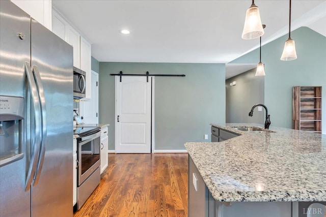 1400 Mountain Cut Rd, Appomattox, VA 24522 - kitchen featuring a sink, white cabinets, dark wood-type flooring, light stone countertops, and appliances with stainless steel finishes