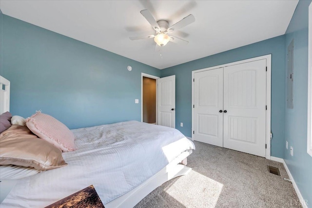 1400 Mountain Cut Rd, Appomattox, VA 24522 - bedroom with a closet, visible vents, carpet floors, a ceiling fan, and baseboards