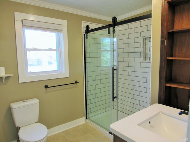 1697 S Amherst Hwy, Amherst, VA 24521 - bathroom featuring a shower stall, toilet, crown molding, tile patterned flooring, and baseboards