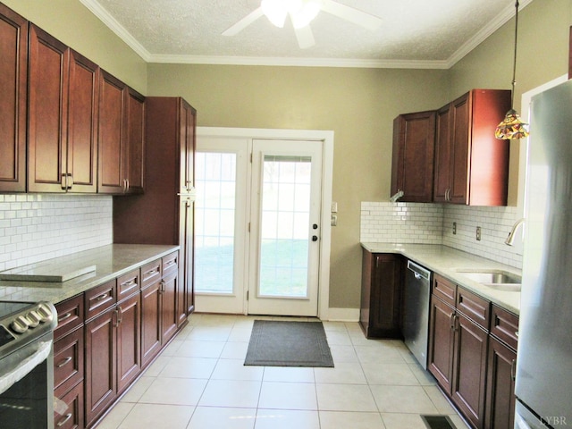 1697 S Amherst Hwy, Amherst, VA 24521 - kitchen featuring a sink, stainless steel appliances, a ceiling fan, light tile patterned floors, and tasteful backsplash