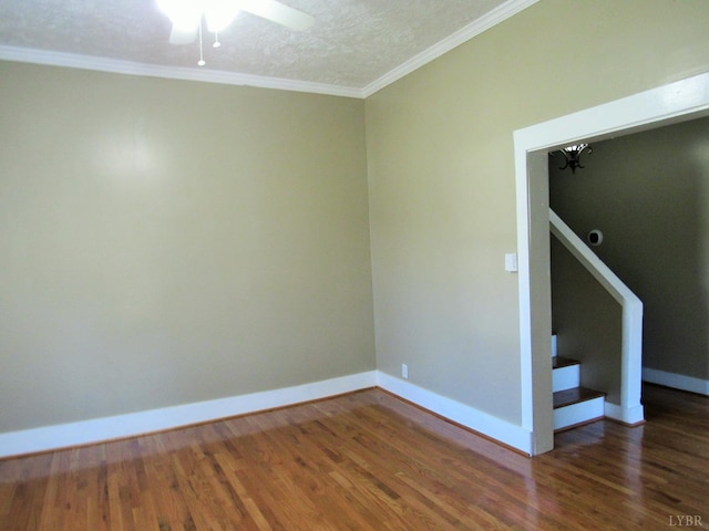 1697 S Amherst Hwy, Amherst, VA 24521 - empty room with wood finished floors, ceiling fan, baseboards, ornamental molding, and a textured ceiling