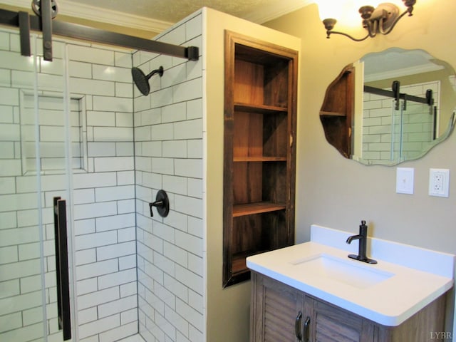 1697 S Amherst Hwy, Amherst, VA 24521 - bathroom featuring ornamental molding, a stall shower, and vanity