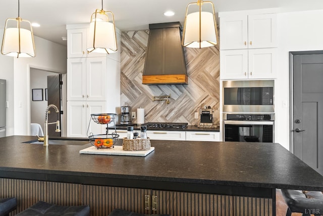 1208 Rocky Branch Dr, Forest, VA 24551 - kitchen featuring stainless steel appliances, custom exhaust hood, white cabinets, a sink, and recessed lighting