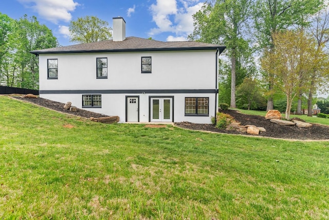 1208 Rocky Branch Dr, Forest, VA 24551 - rear view of property featuring french doors, a chimney, a lawn, and stucco siding
