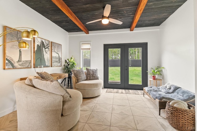1208 Rocky Branch Dr, Forest, VA 24551 - living area featuring french doors, beamed ceiling, wooden ceiling, baseboards, and a ceiling fan