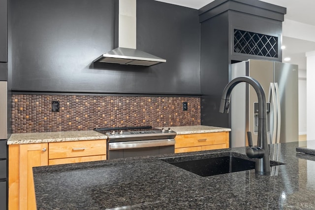 1208 Rocky Branch Dr, Forest, VA 24551 - kitchen with stainless steel appliances, a sink, wall chimney exhaust hood, backsplash, and dark stone counters