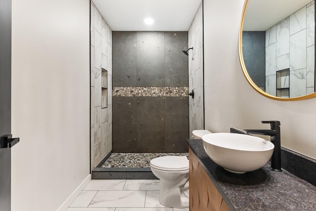 1208 Rocky Branch Dr, Forest, VA 24551 - full bath featuring marble finish flooring, a tile shower, toilet, baseboards, and recessed lighting