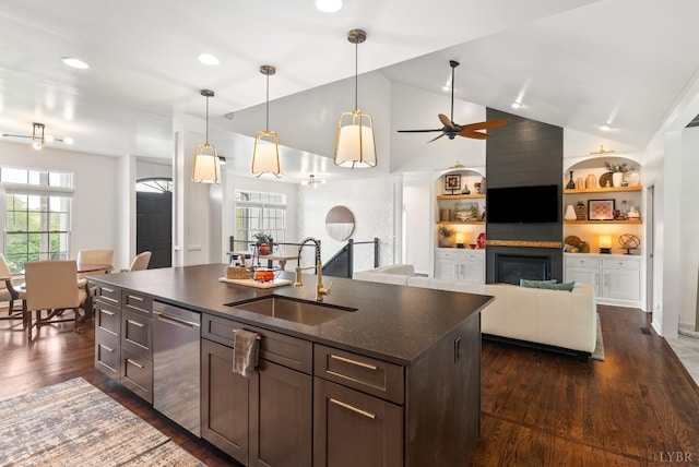 1208 Rocky Branch Dr, Forest, VA 24551 - kitchen with a sink, stainless steel dishwasher, dark wood finished floors, an island with sink, and high vaulted ceiling