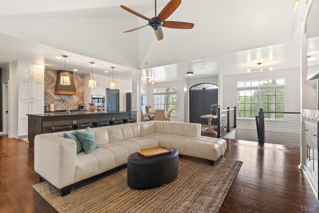 1208 Rocky Branch Dr, Forest, VA 24551 - living area featuring healthy amount of natural light, a ceiling fan, dark wood-style flooring, and high vaulted ceiling