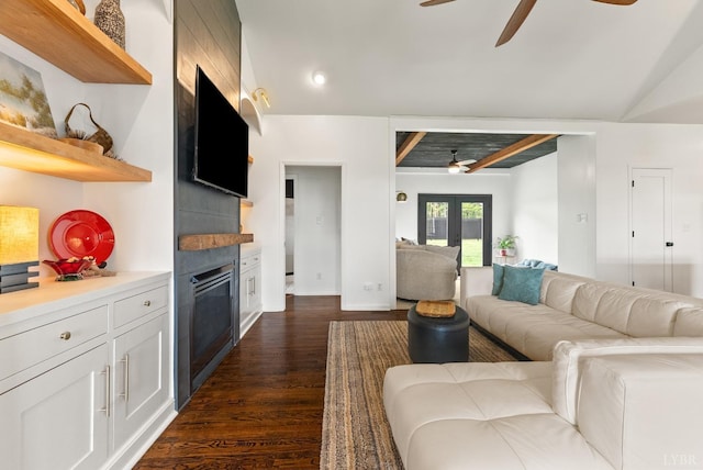 1208 Rocky Branch Dr, Forest, VA 24551 - living area featuring a ceiling fan, a large fireplace, dark wood finished floors, french doors, and recessed lighting