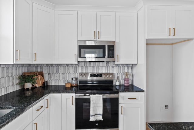 3494 Double Bridges Rd Lot 8, Spout Spring, VA 24593 - kitchen with appliances with stainless steel finishes, white cabinetry, tasteful backsplash, and dark stone countertops
