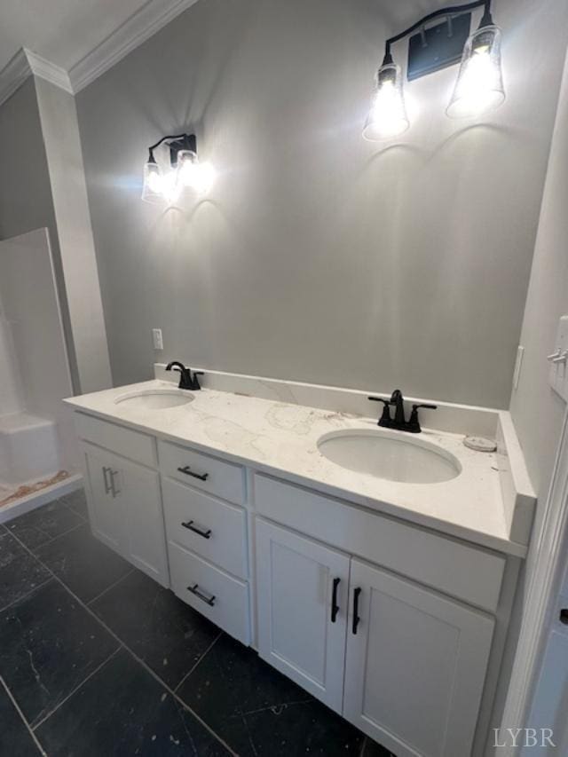 1493 Buck Creek Rd, Appomattox, VA 24522 - bathroom featuring crown molding, double vanity, and tile patterned flooring